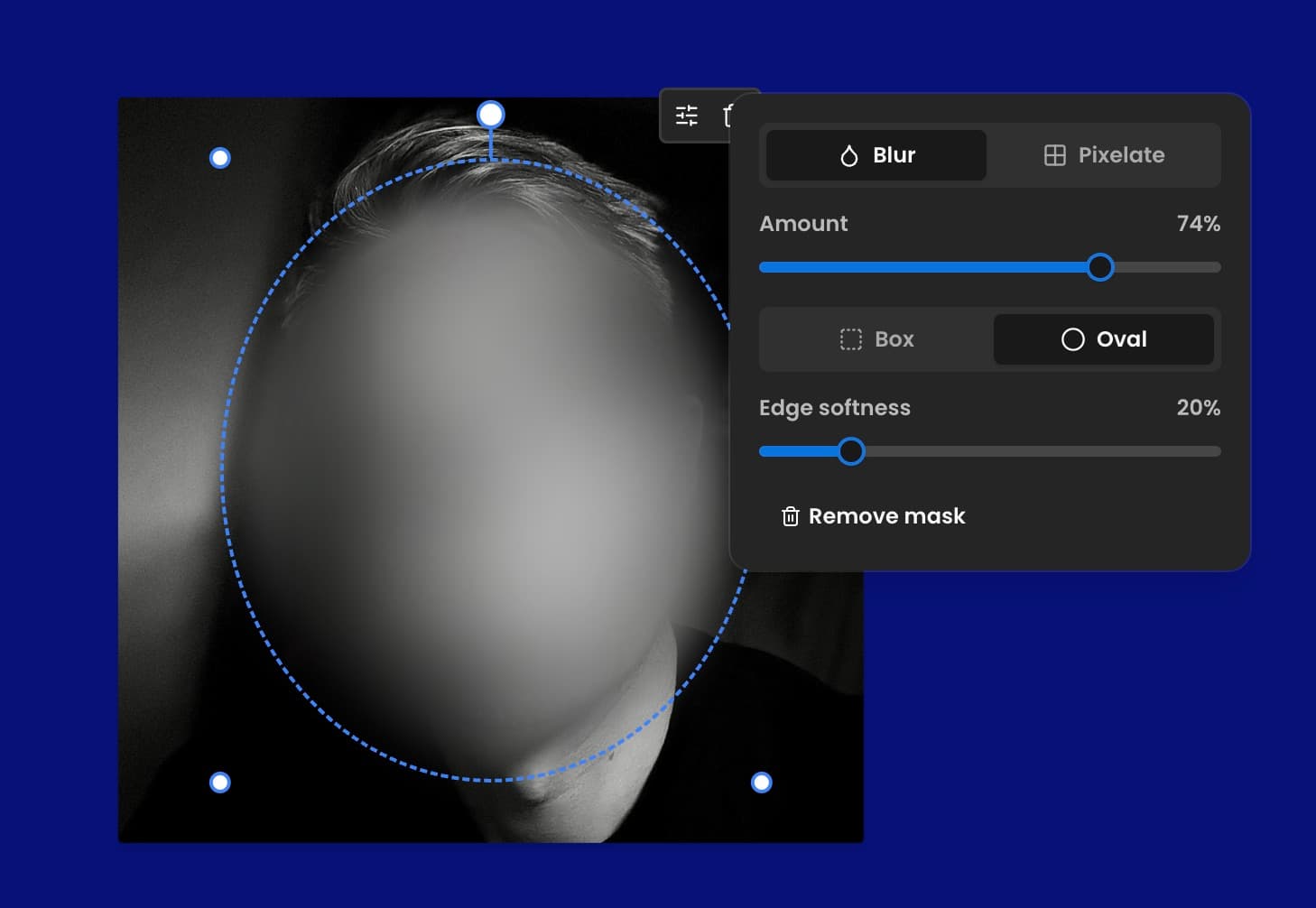 An oval blur mask over a face in the quiz editor, with controls for blur or pixelate, amount, shape and edge softness