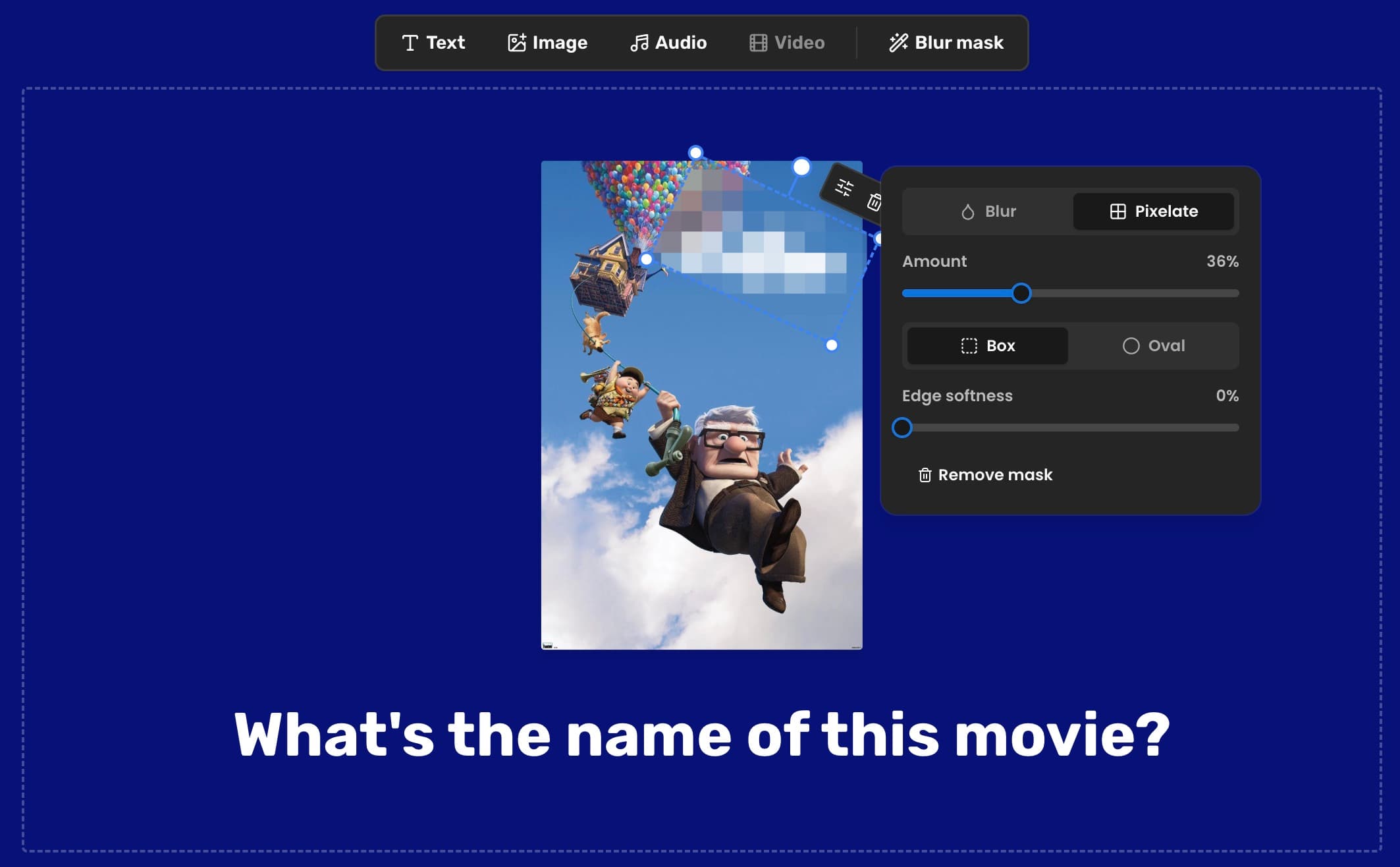 The clue editor with a pixelate mask over the title of a film poster, next to the panel that tunes it