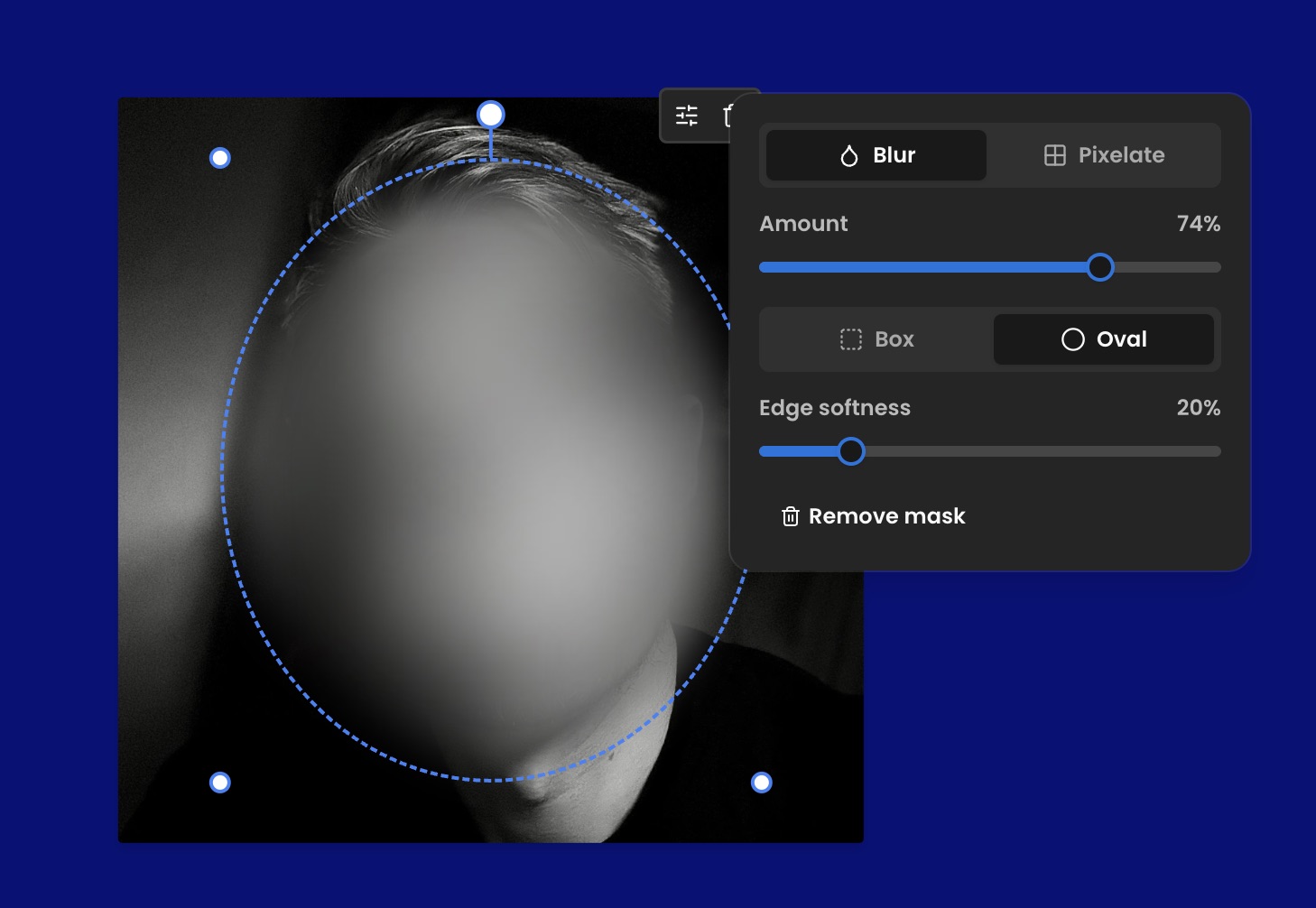 An oval blur mask over a face in the quiz editor, with controls for blur or pixelate, amount, shape and edge softness