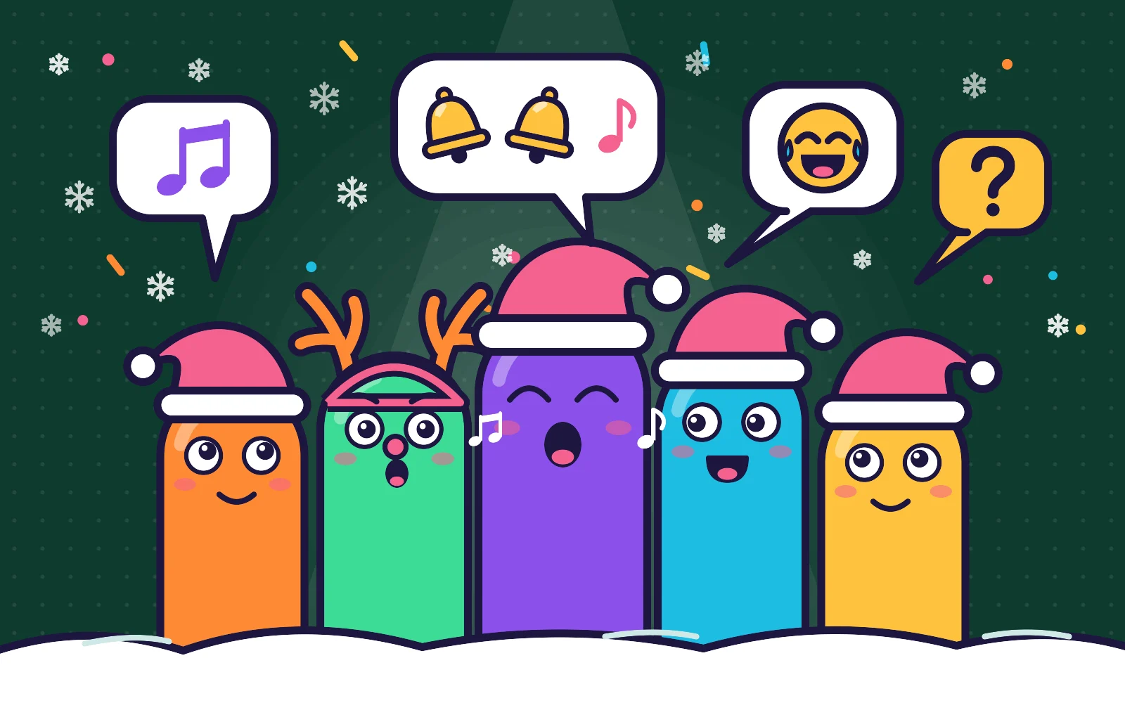 Five cartoon characters in Santa hats and reindeer antlers sing, with bubbles showing music notes, bells and an emoji face