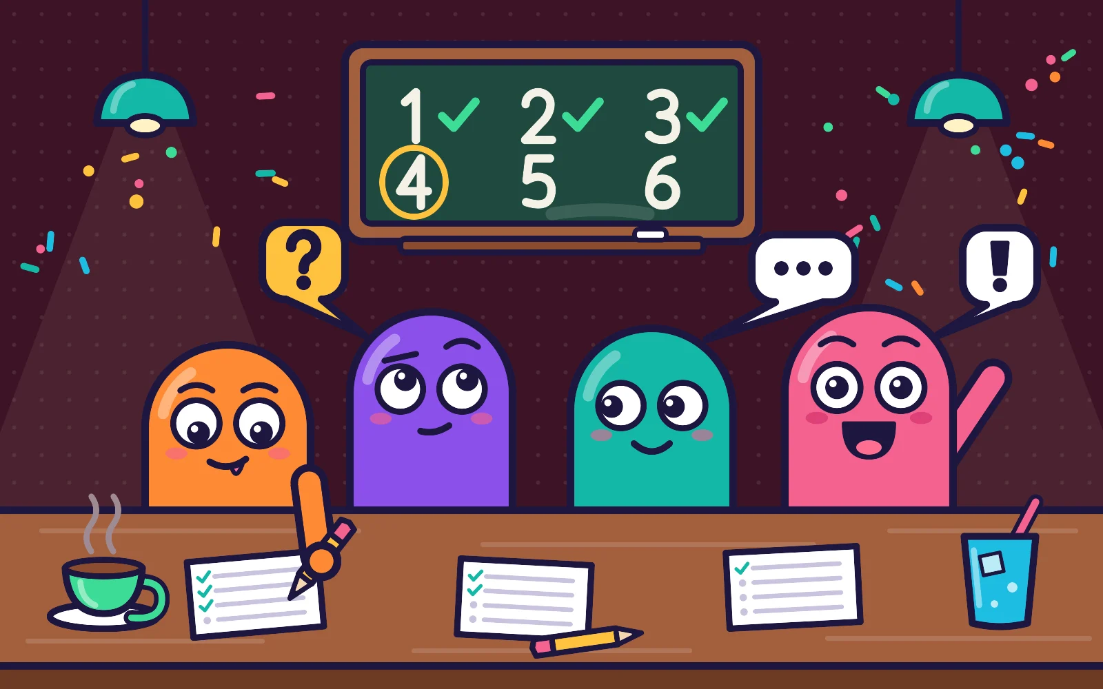 Four cartoon characters at a pub table with answer sheets and tea, under a chalkboard of quiz rounds 1 to 6