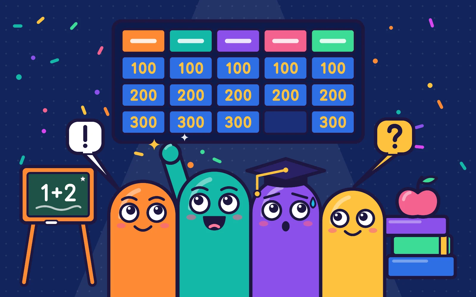 Four cartoon students in front of a quiz board of 100 to 300 point tiles, one raising a hand, beside a chalkboard