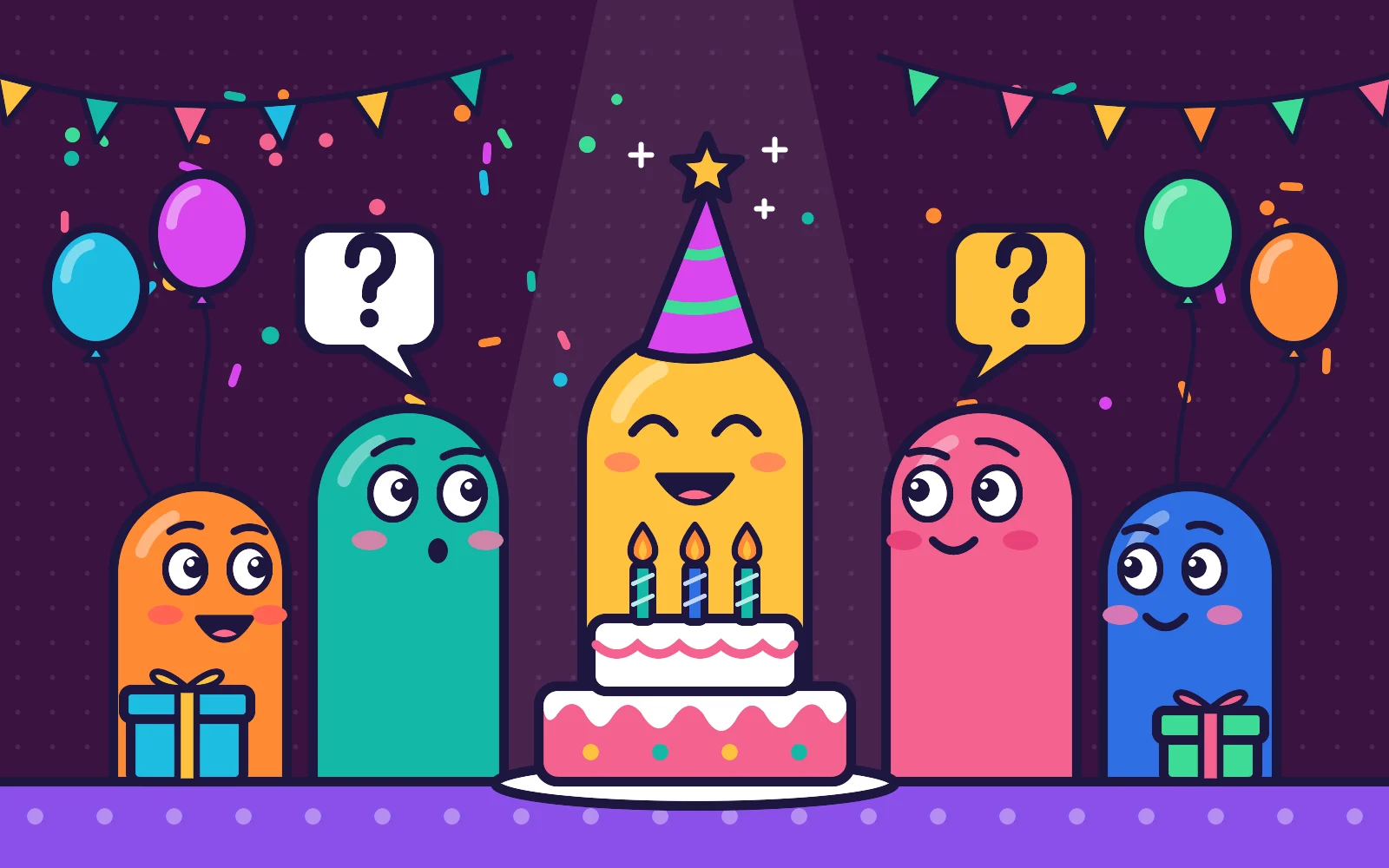 Cartoon friends at a birthday party turn to a smiling character in a party hat behind a candle-lit cake