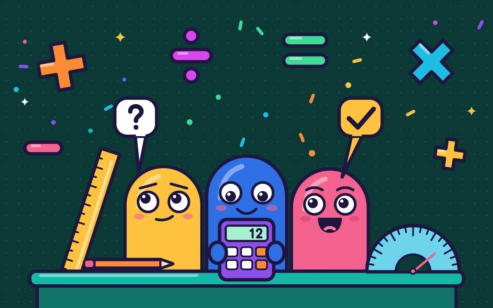 Three cartoon characters at a desk with a calculator, ruler and protractor under big plus, minus, times and divide signs