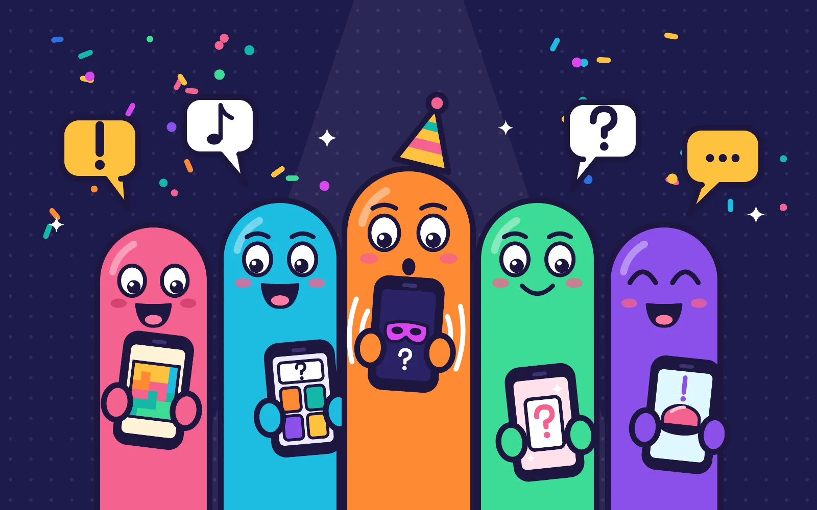 Five cheerful cartoon characters hold phones showing party game screens, one phone buzzing