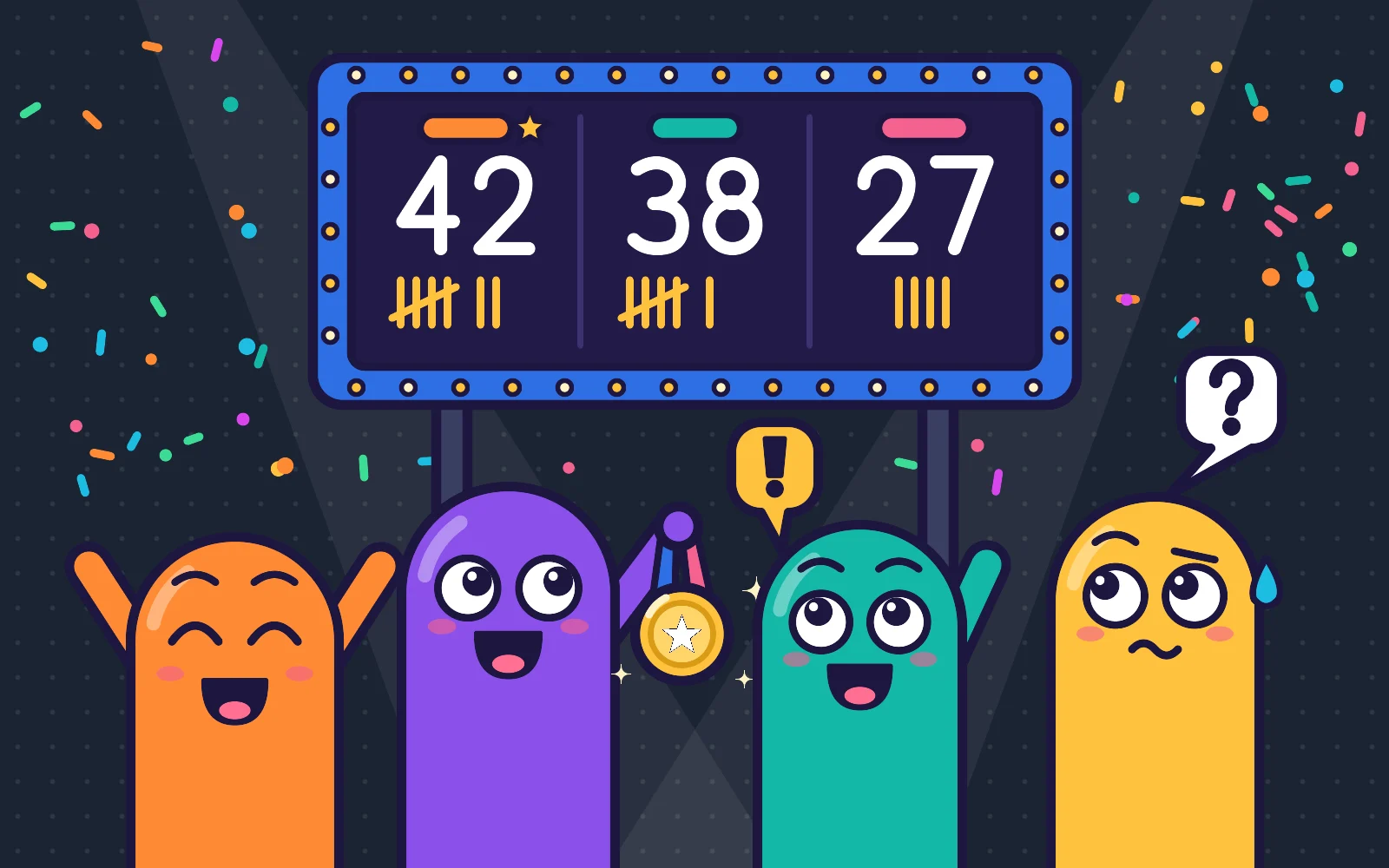 Cartoon characters cheering under a light-up scoreboard with tally marks, one holding a gold medal, one puzzled