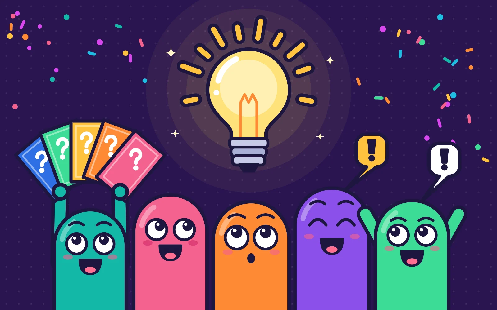 A glowing lightbulb above five excited cartoon characters, one holding up a fan of colourful question cards